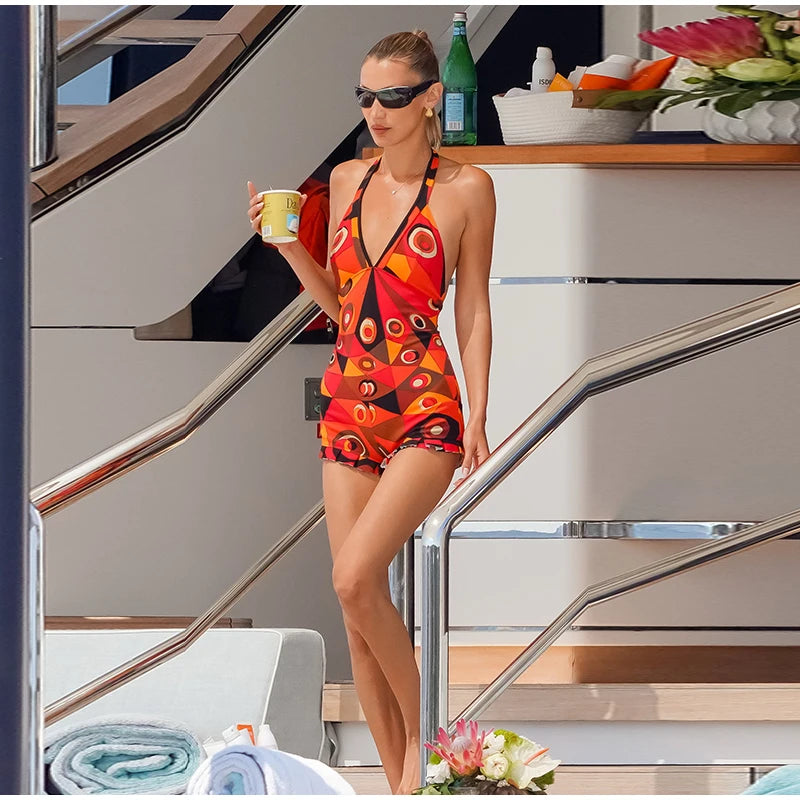 Colorful Print Backless Playsuit Women Sexy Halter Deep V-neck Sleeveless Ruffle Hem Jumpsuits Rompers Beach Holiday Bodysuits
