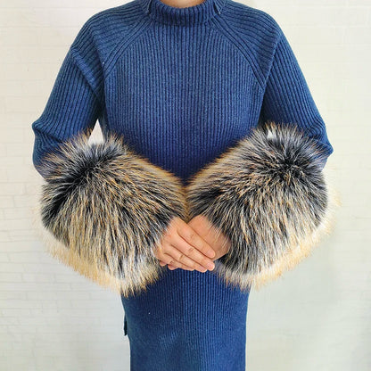 Large Women Faux Fox Fur Scarf Winter Jackets Warm Fluffy Shawl Fashion Artificial Fur Collar And Cuff Set Fluffy Scarves Female