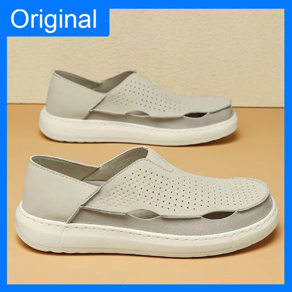 Mens Sandals Summer Handmade Leather Daily Wear Fashionable Walking Shoes Breathable Odor Proof Casual Loafers Plus Size Male
