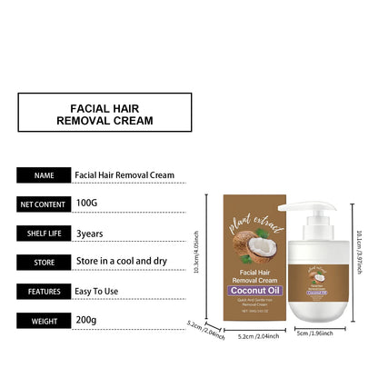 Coconut Oil Hair Removal Cream Face Fast Hair Remover Painless Nourishing Smooth Skin  Gentle Formula Non Greasy Dry Skin 100g