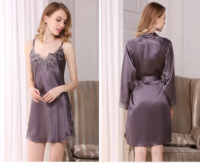 100% Silk Pajamas for Women Spring Summer Cami Nightgown & Robe Two-Piece Set Loungewear Silk Bathrobe Sleepwear