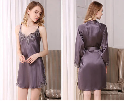 100% Silk Pajamas for Women Spring Summer Cami Nightgown & Robe Two-Piece Set Loungewear Silk Bathrobe Sleepwear