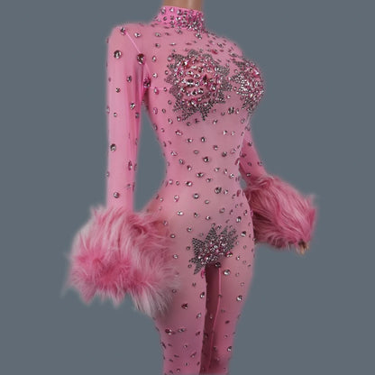 Shiny Crystals Pink Mesh Jumpsuit Sexy Feather Designe Birthday Jumpsuit Club Singer Event Performance Costume Stage Wear Guibin