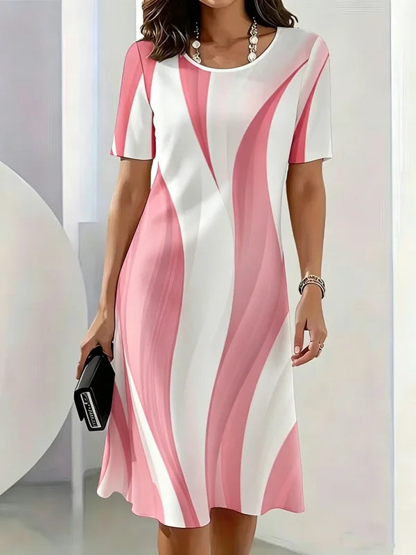 Summer Women Dress Fashion Gradient Striped Pattern Printed Dress Short Sleeve O-Neck Loose Casual A-Line Mini Dress
