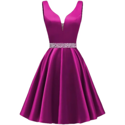 Customized Simple Satin Homecoming Dresses for Teens Short Prom Dress V-Neck Beaded Belts Evening Formal Cocktail Party Gowns