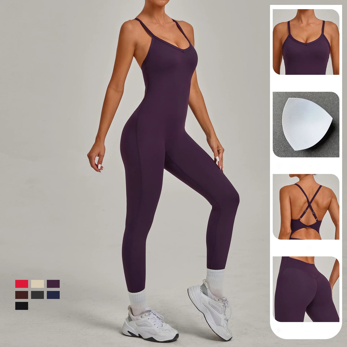New Nylon Pad V-Neck Wrap Yoga Bodysuit - Adjustable Hook Tummy Control Butt Lift Workout Jumpsuit
