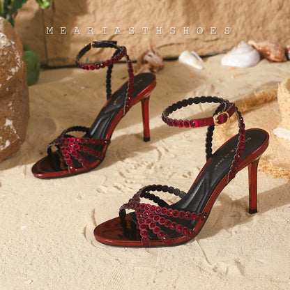 Luxury Crystal Cross Tied High Heel Sandals Women Sexy Open-toe Ankle Strap Buckle Stiletto Sandals Elegant Banquet Dress Shoes