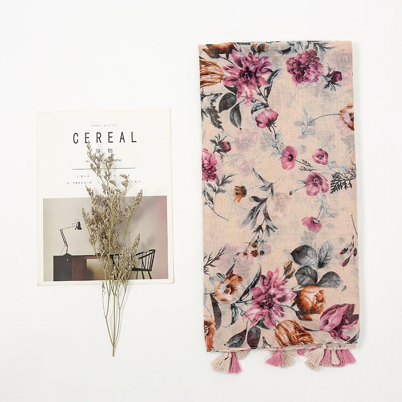 Fashion Printing Flower Tassel Shawl Cotton Viscose Scarf Women Beach Sunscreen Shawl Muslim Hijab Wrap Headscarf 180*90cm