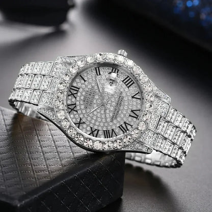Luxury Gold Iced Out Rhinestone Quartz Wristwatch Unisex Sparkling Diamond Calendar Daily Wear Watch