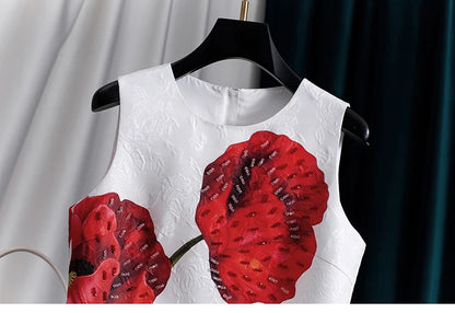 Women White Floral Printed Beaded Dress Sleeveless Round Neck a Line Elegant Summer Party Luxury Jacquard Shift Dress Chic Look
