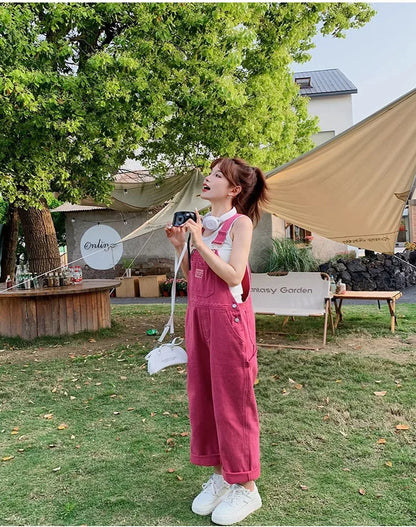 Vintage Pink Denim Overalls Adjustable Strap Wide Leg Jumpsuit Y2K Cute Campus Casual Pants