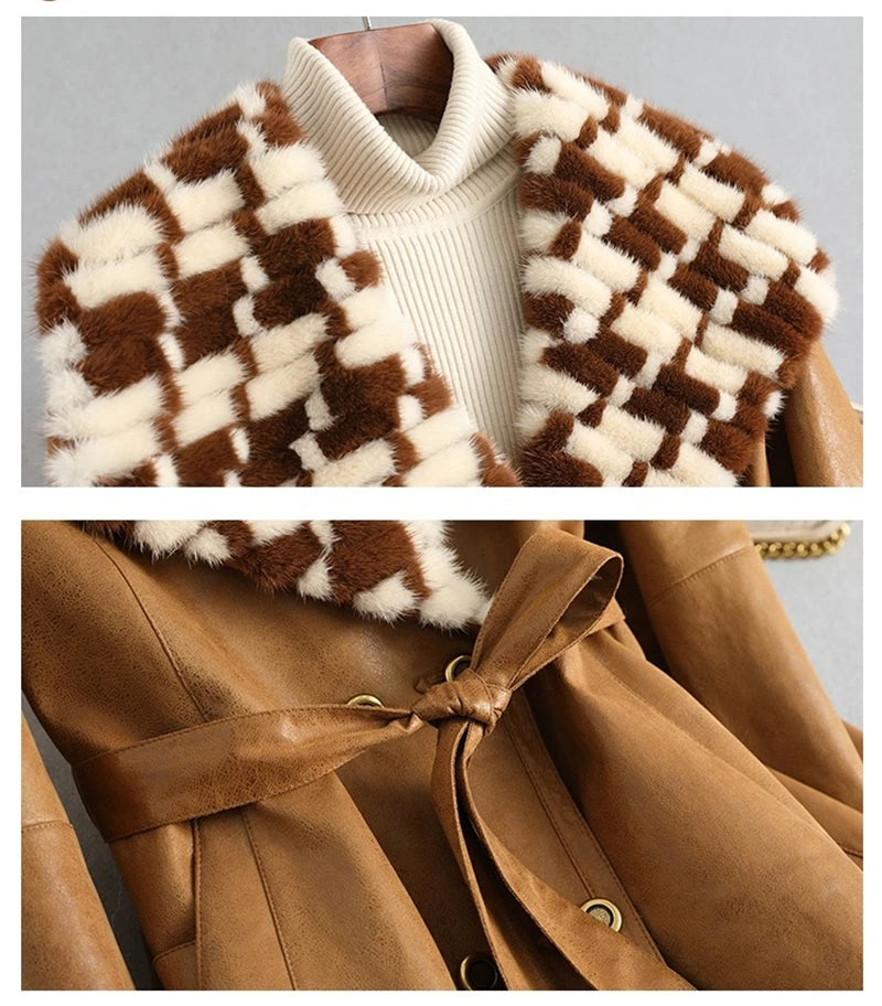 PUDI CT418 Women Mink Fur Collar Medium Long Jacket 2024 New Winter Fashion Rabbit Fur Warm Slim Coat