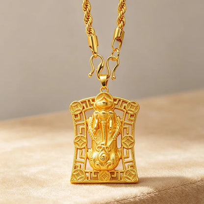 Business Simple Gold Swallowing Beast Square Pendant For Men And Women 24K Gold AU999, Calm Office Couple Accessory