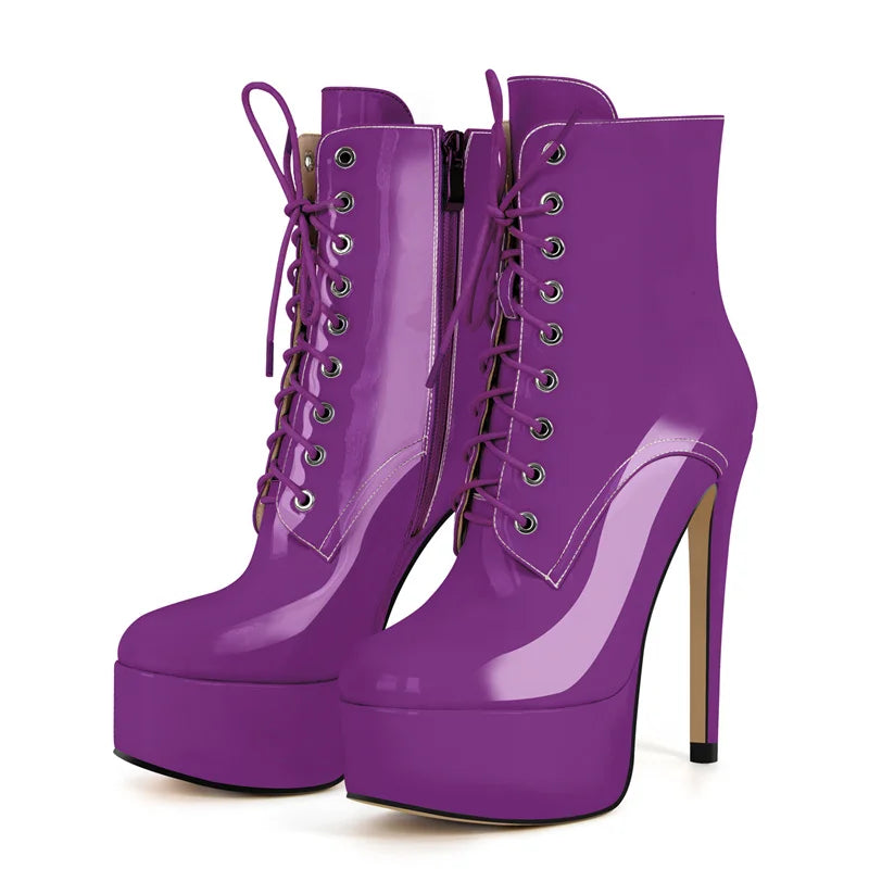 Onlymaker Women Round Toe Platform Lace-up Stiletto Printed Side Zipper Stiletto High Heel Ankle Boots