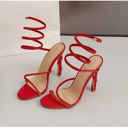 Luxury Crystal Snake Coiled Women Sandals Sexy Narrow band Thin High heels Wedding Party Female Gladiator Sandals Summer Shoes