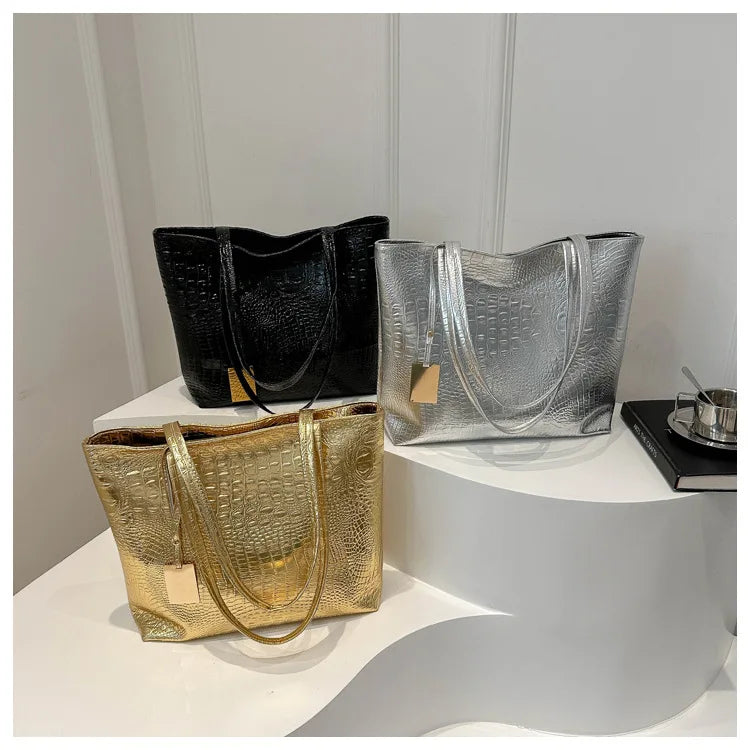 Fashion Casual Women Shoulder Bags Silver Gold Black Crocodile Handbag PU Leather Female Big Tote Bag Ladies Hand Bags Sac