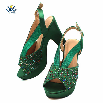 Buckle Strap Sandals Nigerian Women Shoes and Bag Set in Green Color with Wedges Heels For Ladies Party