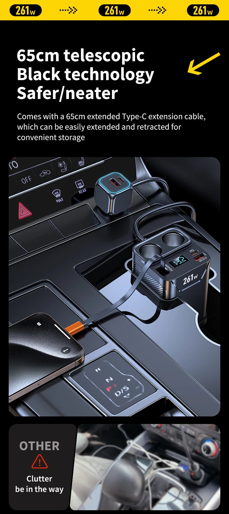 7 in 1 Cigarette Lighter Adapter Cup Holder 261W Car Charger Adapter with PD45W Charge 24V/12V Cigarette Lighter LED Voltmeter