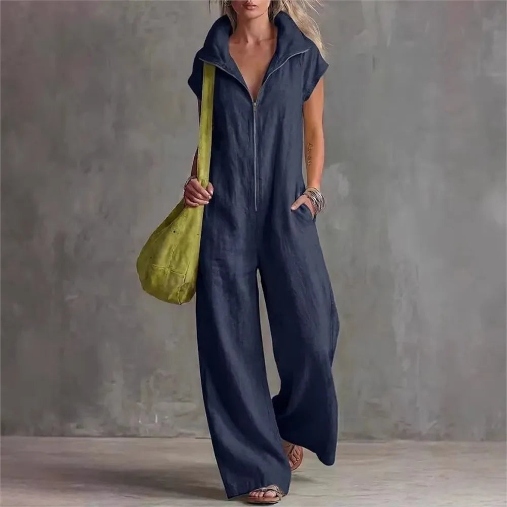 Summer New Fashion Zipper Lapel Short-sleeved Loose Women's Jumpsuit 2026 Loose Simple Pocket Casual Vacation Female Jumpsuit