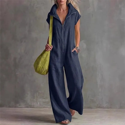 Summer New Fashion Zipper Lapel Short-sleeved Loose Women's Jumpsuit 2026 Loose Simple Pocket Casual Vacation Female Jumpsuit