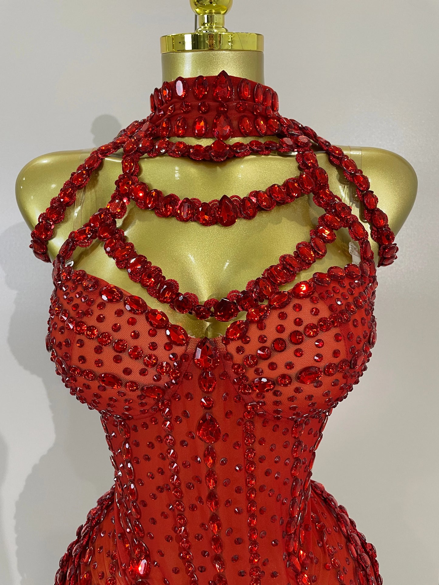 Luxury Sparkly Red Rhinestones Mesh Stretch Bodysuit Women Birthday Party Nightclub Bar Singer Dancer Performance Stage Costume