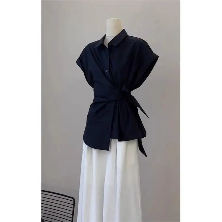 2026 New Women's Fashion Shirt And Pants Set Belted Loose Wide Leg Pants Thin Material Spring Autumn Wear High Waist Polyester