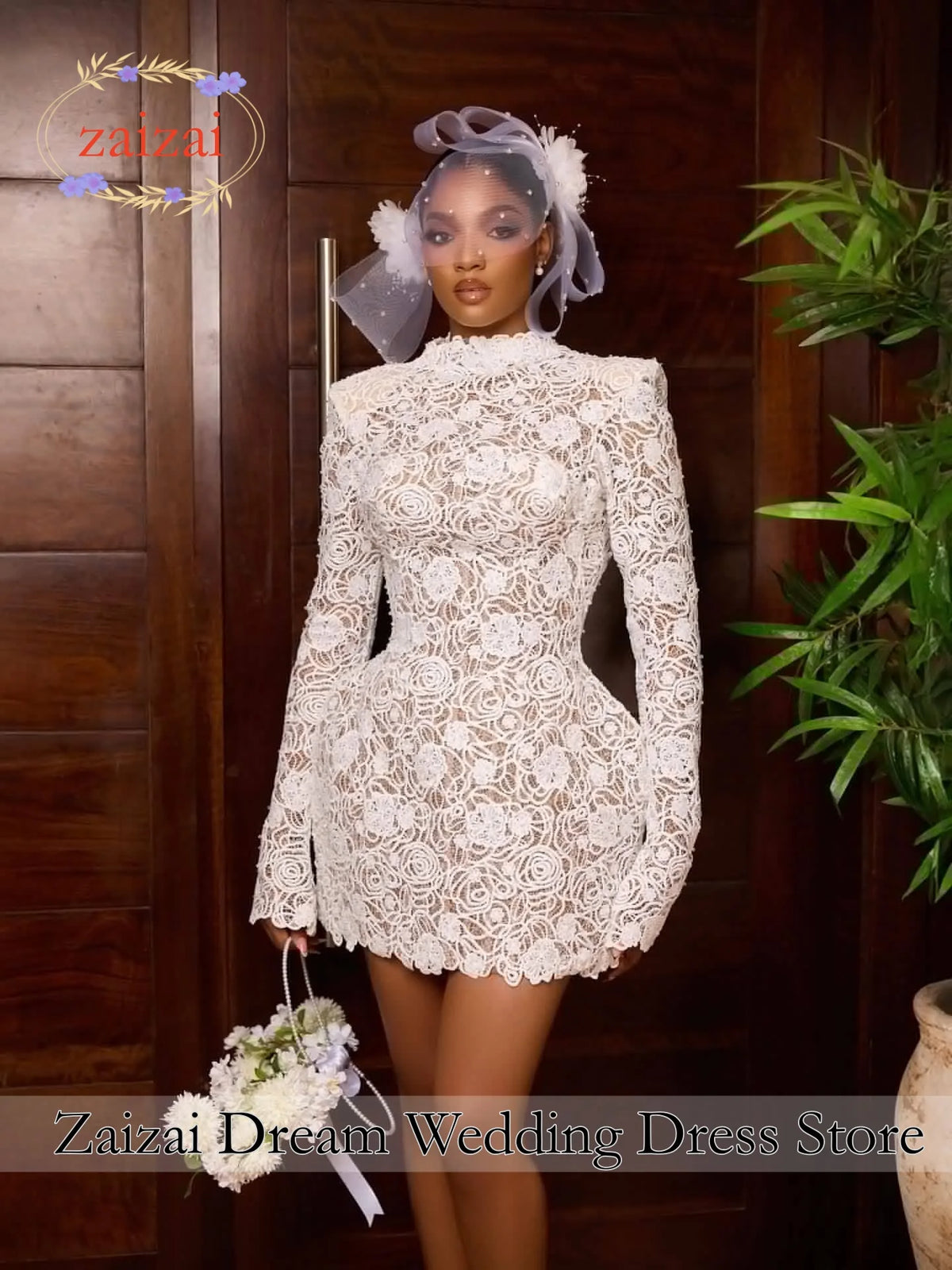 Customized High Neck Mini Bride Party Gown Full Sleeves   Short Wedding Dresses Lace Appliques Brides Dress Vestidos De Novias