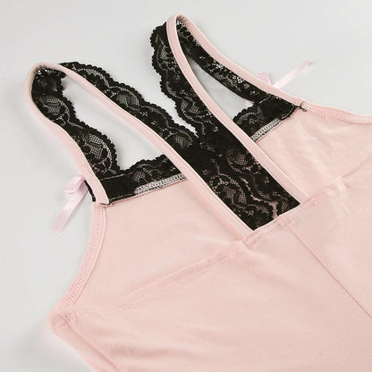 SUCHCUTE Sexy Lace One Piece Short Summer Women Solid Slim Sleeveless Romper Y2K Streetwear Bodysuit Casual Jumpsuit Sports Yoga