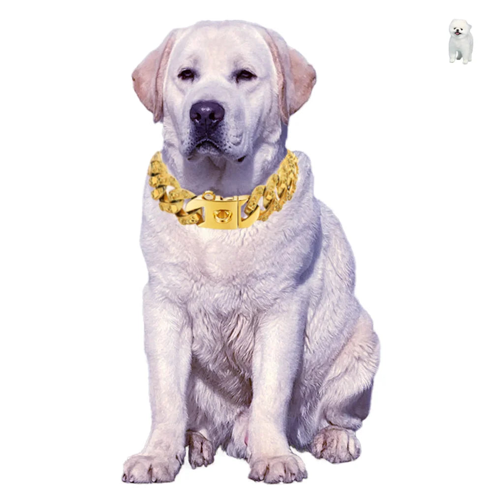32mm  Gold Dog Collar Stainless Steel Metal Pet Choker Lead for Medium Large Dogs Pet Accessories Labrador Rottweiler