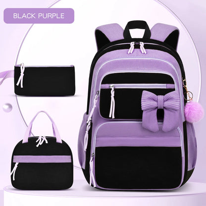 2026 High Quality Corduroy Three Piece Backpack with Cherry Pattern Princess Large Capacity Lightweight School Bag mochilas