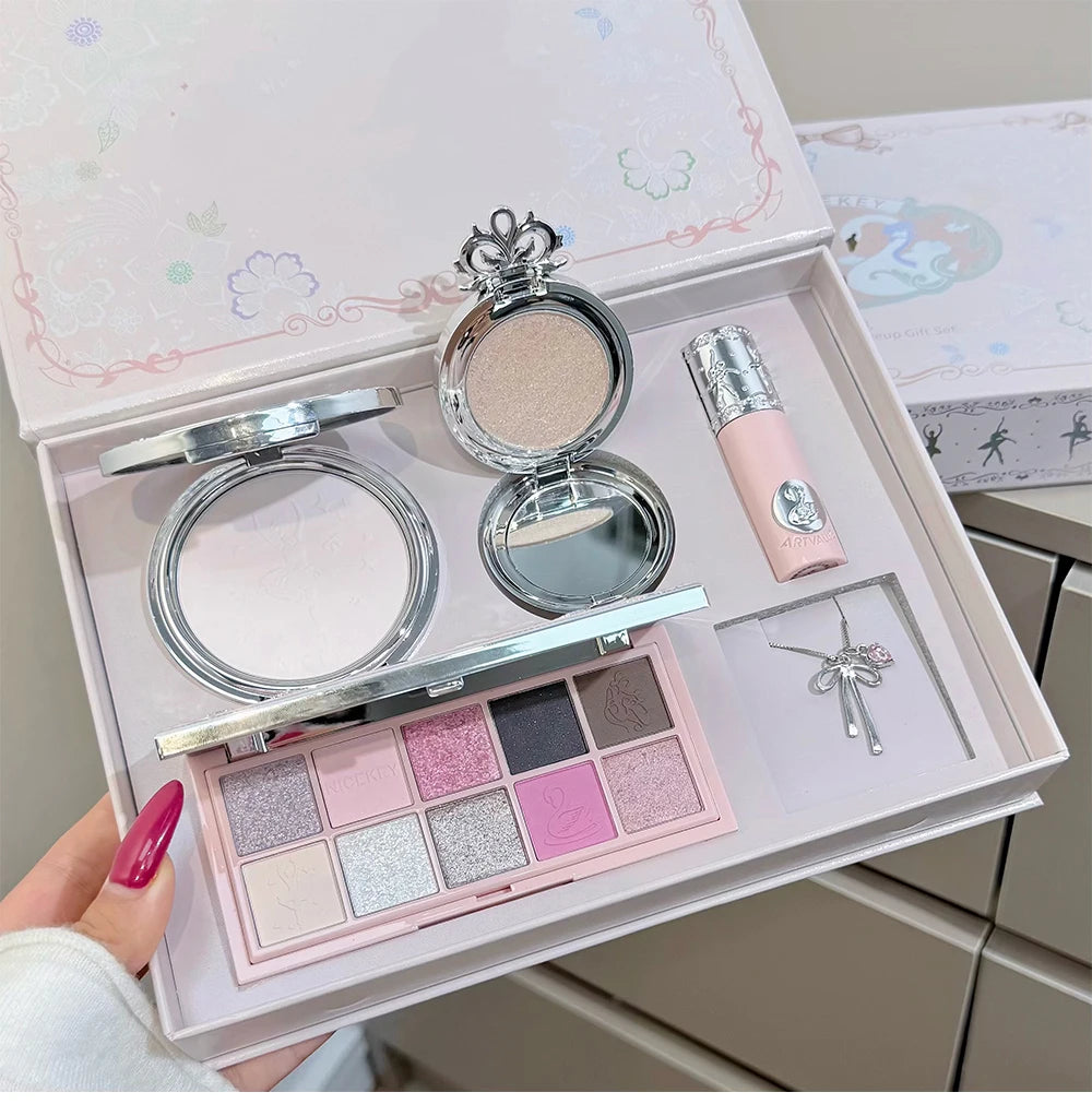 NICEKEY Face Makeup Sets Include 1*Lip mud,1*Pressed Powder,1*Highlight Powder,1*Eyeshadow Palette Powder With Necklace Gift