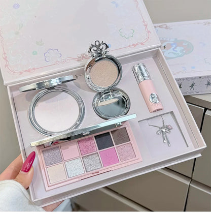 NICEKEY Face Makeup Sets Include 1*Lip mud,1*Pressed Powder,1*Highlight Powder,1*Eyeshadow Palette Powder With Necklace Gift
