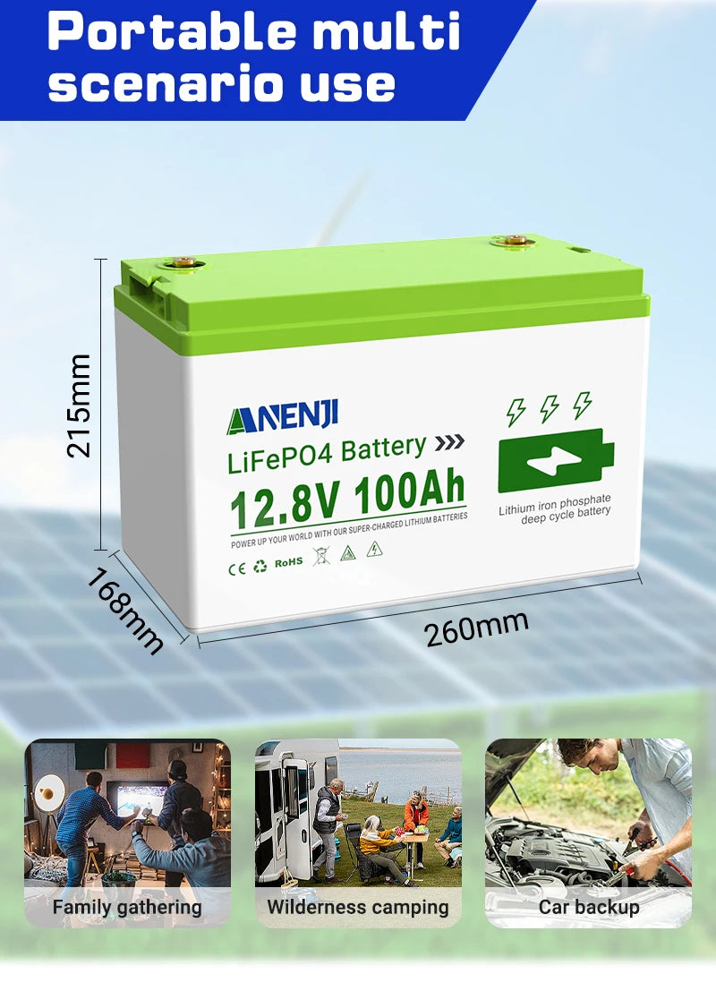 ANENJI 12V 100Ah Li Rechargeable Battery Pack LiFePO4 Built-in BMS 6000 Cycles For Solar Inverter Outdoor RV Camp Power Station