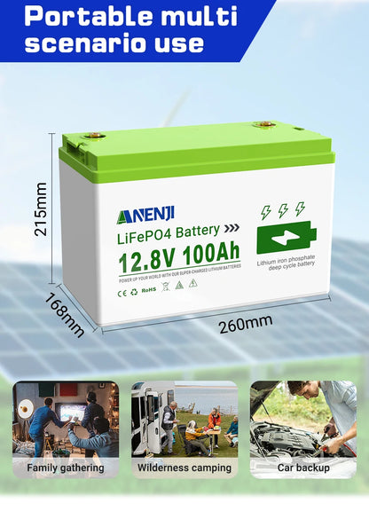 ANENJI 12V 100Ah Li Rechargeable Battery Pack LiFePO4 Built-in BMS 6000 Cycles For Solar Inverter Outdoor RV Camp Power Station