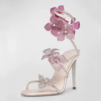 Luxury Rhinestones Flowers Women Gladiator Sandals Sexy Snake Twine Ankle Strap High heels Summer Wedding Prom Shoes Sandalias