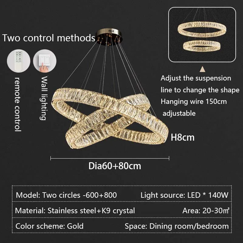 Modern LED Luxury Crystal Chandelier Villa Staircase Living Room Dimming Circular Gold Chandelier Home Lighting Indoor Light