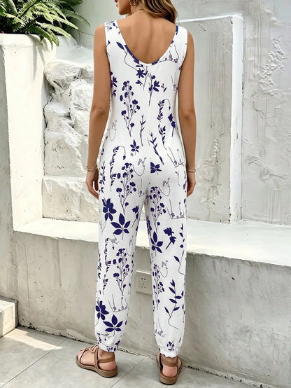 Women's Navy Floral Plant Print Sleeveless Jumpsuit, Round Neck Casual Jogger Romper with Pockets, Summer Outfit
