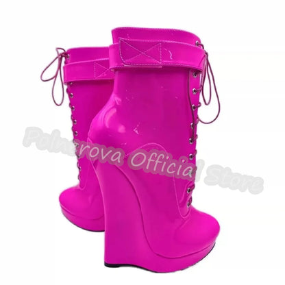 Gothic Punk Wedges Lace-Up Women Platform Boots Hoof Design Super High Heel Side Zipper Boots Unisex Pole Dance Party Shoes