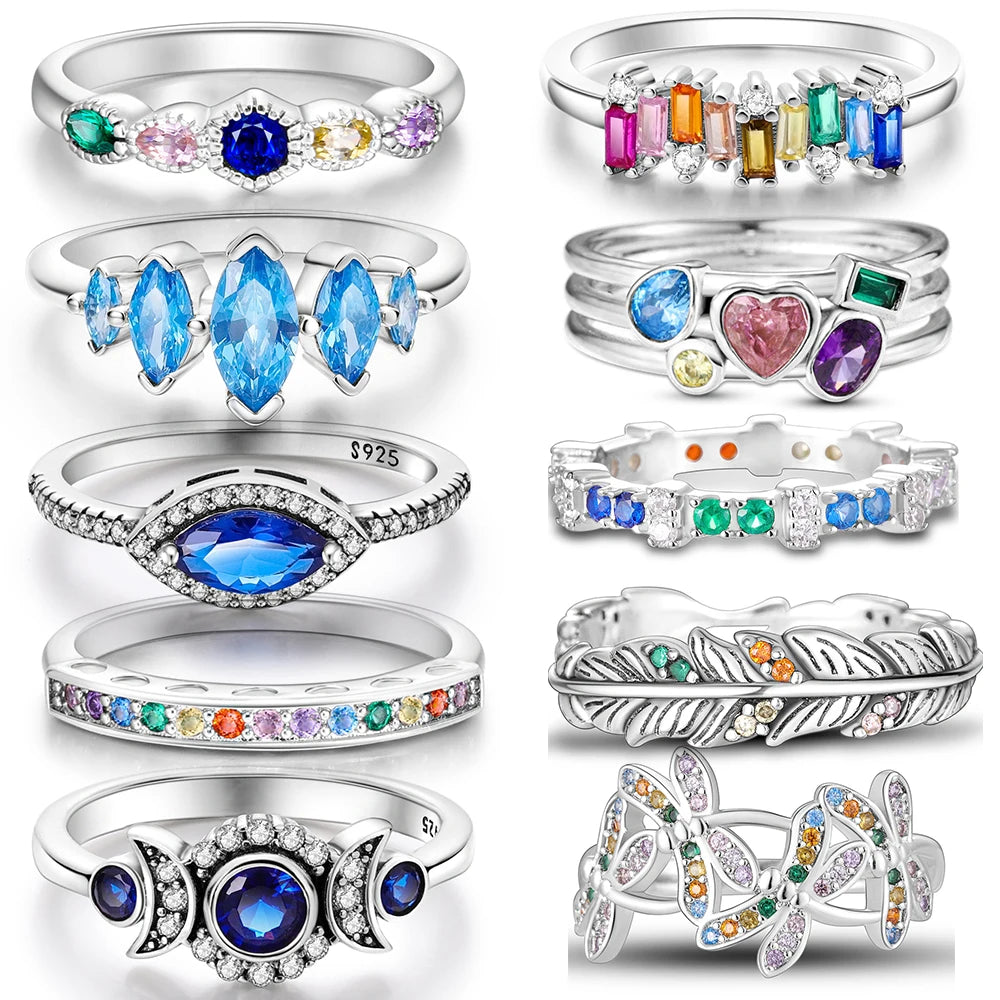 Original 925 Sterling Silver Ring Colorful Diamonds Cubic Zircon Finger Ring For Women Jewelry Wedding Engagement Birthday Gift