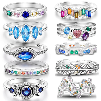 Original 925 Sterling Silver Ring Colorful Diamonds Cubic Zircon Finger Ring For Women Jewelry Wedding Engagement Birthday Gift