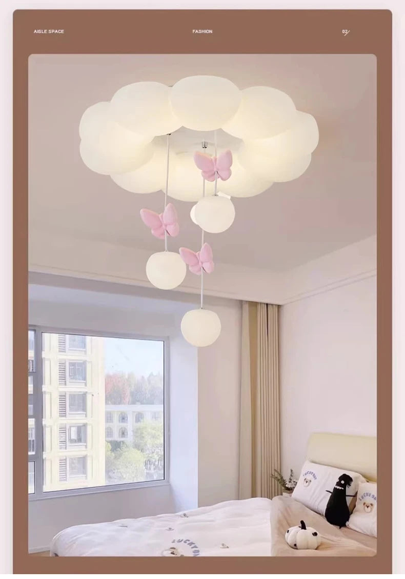 Children's Room Princess Room Cloud Ceiling Lights Pink Bow Bubble Ball Lamp LED Cream Style Romantic Girl Bedroom Ceiling Lamps