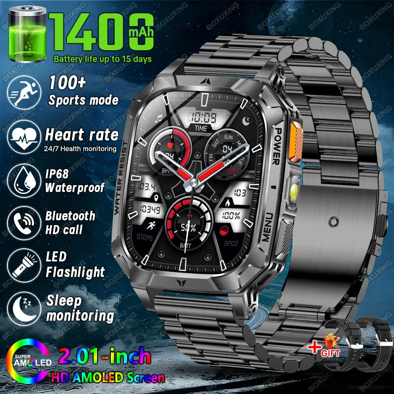 New 1400 mAh Battery Military Smartwatch Men IP68 Waterproof Flashlight Health Monitor Sports Call Smart Watch For iOS Android