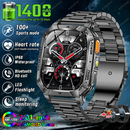 New 1400 mAh Battery Military Smartwatch Men IP68 Waterproof Flashlight Health Monitor Sports Call Smart Watch For iOS Android