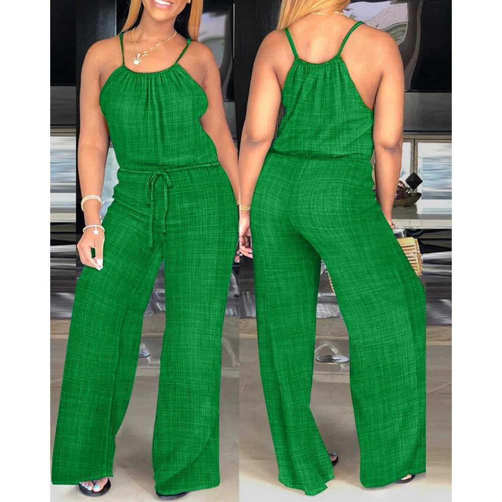 Women's Casual Solid Color Wide Leg Straight Overalls Summer Sleeveless Spaghetti Strap Drawstring Waist Jumpsuits