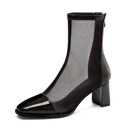Sexy Air Mesh Zipper Female Boottes Summer Ponited Toe Ankle Boots Patchwork High Heesl Fashion Women Shoes Big Size 32-46