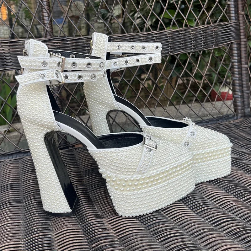 2026 Women's Shoes 14cm Thick Heel Pointed Sandals 35-41 High Heel Waterproof Platform Woman Shoes Wedding Dress Luxury Pearl