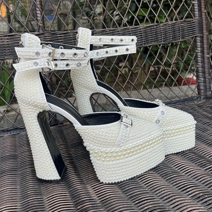 2026 Women's Shoes 14cm Thick Heel Pointed Sandals 35-41 High Heel Waterproof Platform Woman Shoes Wedding Dress Luxury Pearl