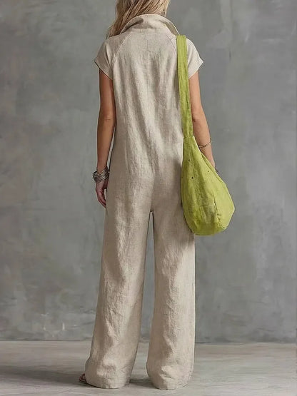 Summer New Fashion Zipper Lapel Short-sleeved Loose Women's Jumpsuit 2026 Loose Simple Pocket Casual Vacation Female Jumpsuit