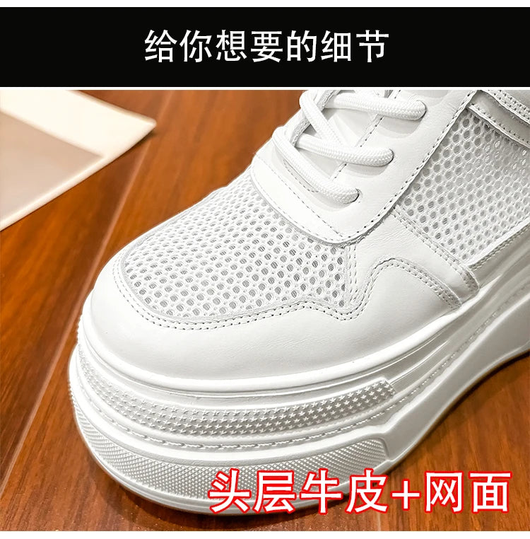10-14cm Chunky Sneakers Women Platform Shoes Elevator Shoe White Mesh Breathable Sneakers Real Leather Increasing Shoes