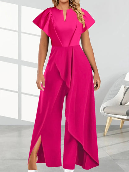 2024 Summer New Elegant Women's V-neck Irregular Jumpsuit Solid Color Short Sleeved Long Style Banquet Women's Jumpsuit